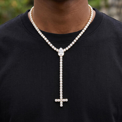 Iced Out Pear Cut Upside Down Cross Tennis Chain Necklace