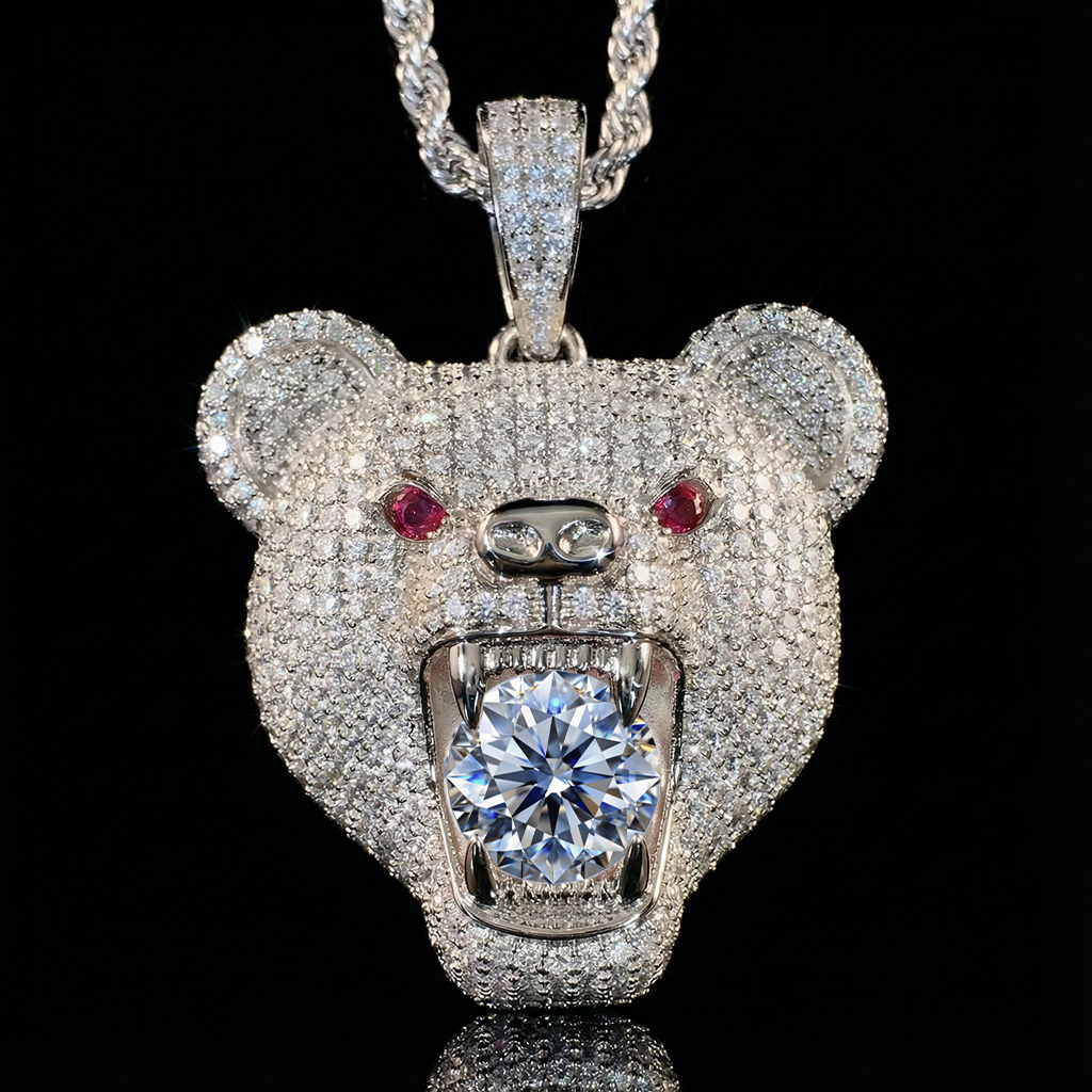 Iced Bear Bites Round Cut Diamond Pendant
