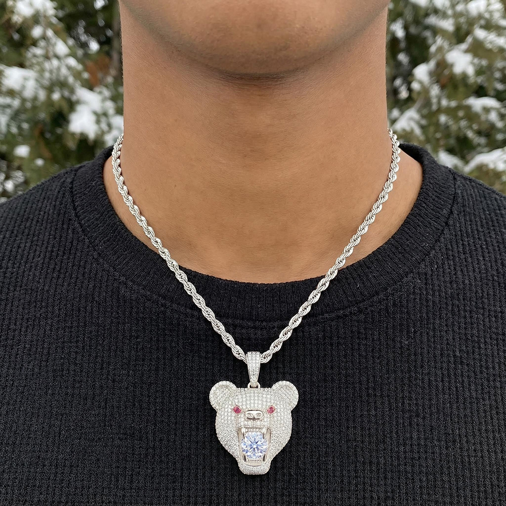 Iced Bear Bites Round Cut Diamond Pendant