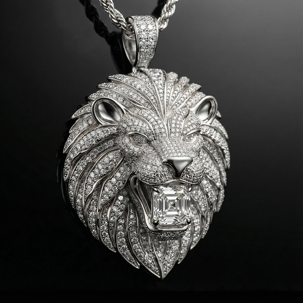 Iced Lion Bites Asscher Cut Diamond Pendant