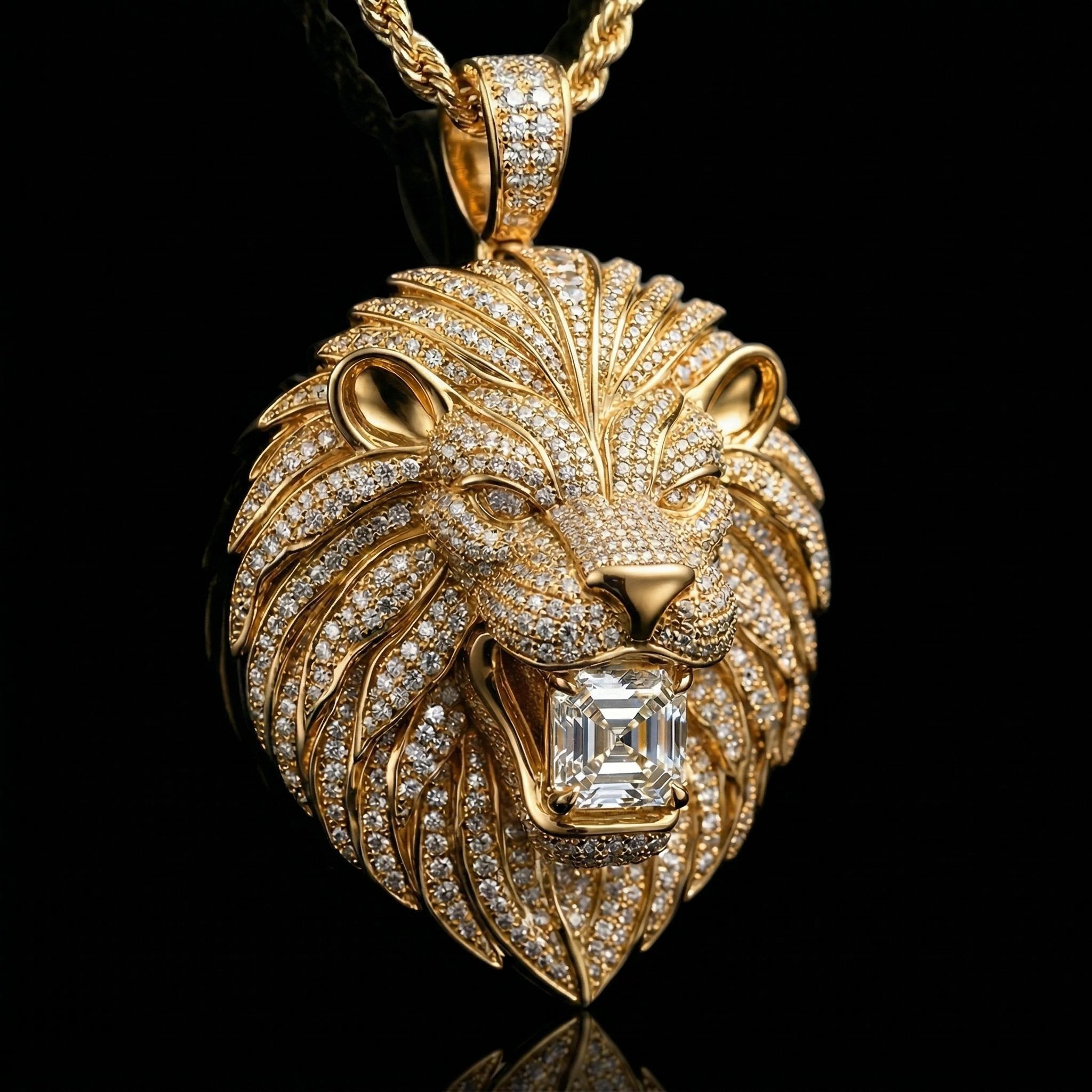 Iced Lion Bites Asscher Cut Diamond Pendant