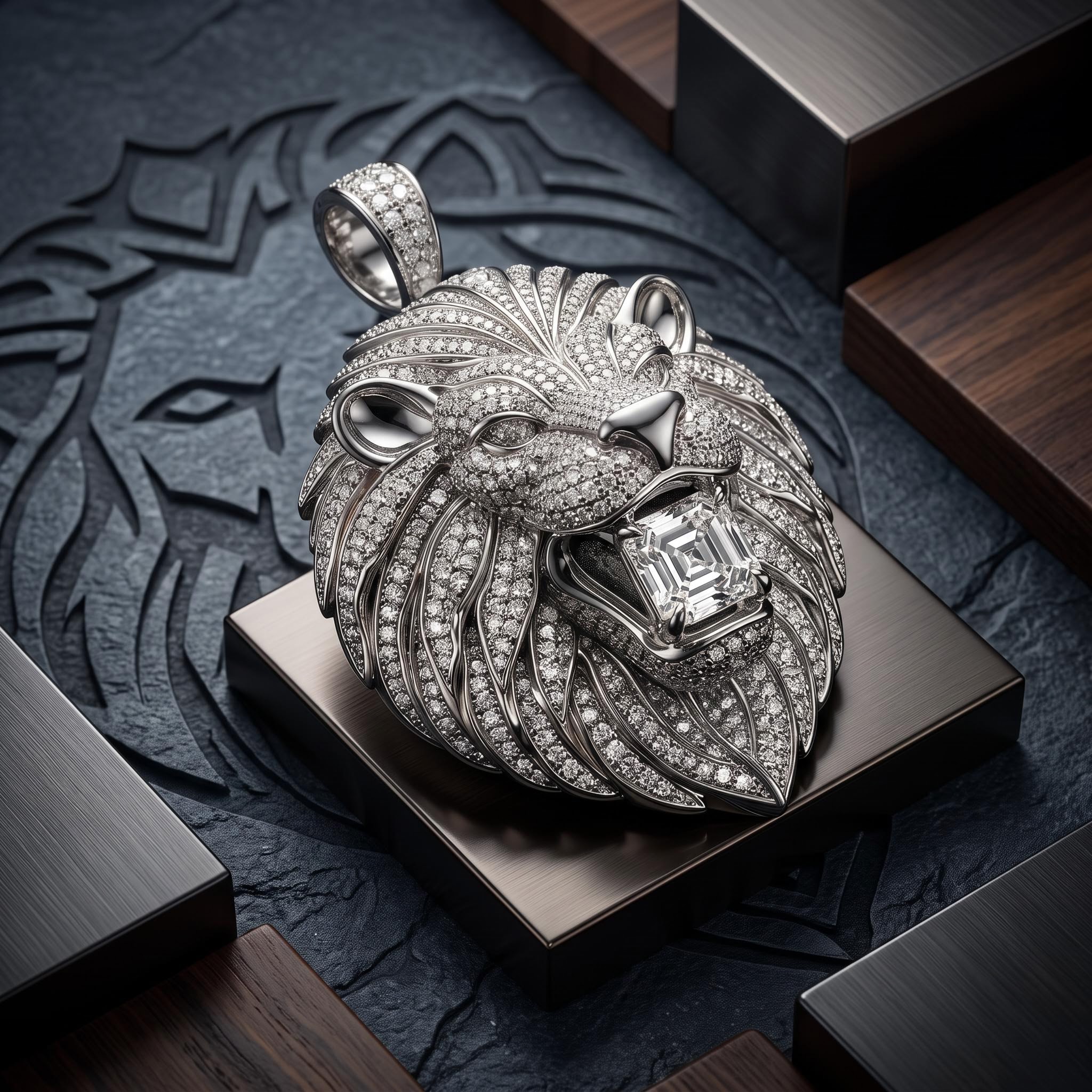 Iced Lion Bites Asscher Cut Diamond Pendant