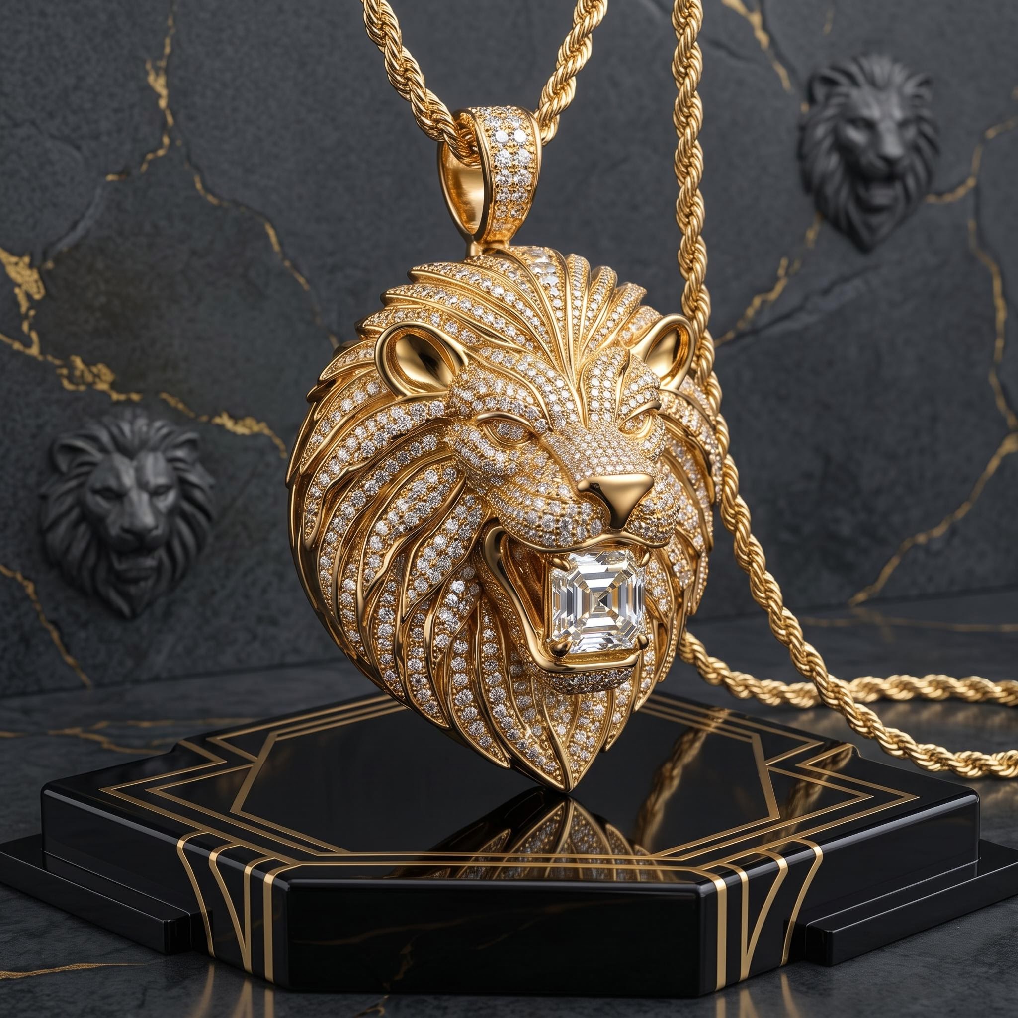 Iced Lion Bites Asscher Cut Diamond Pendant