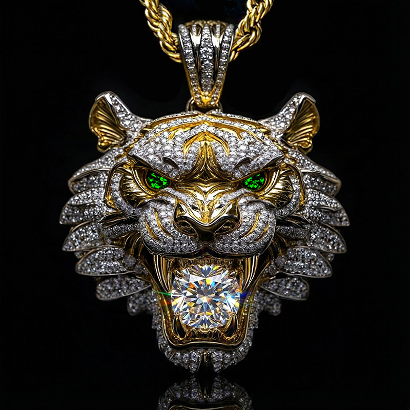 Micro Pave Tiger Bites Round Cut Diamond Pendant