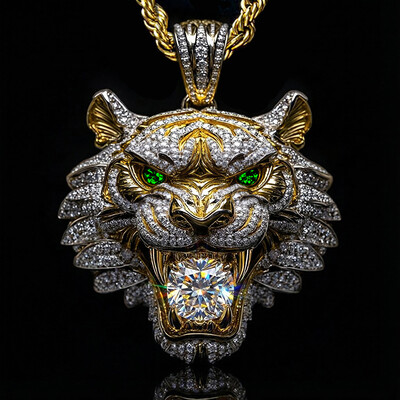 Micro Pave Tiger Bites Round Cut Diamond Pendant