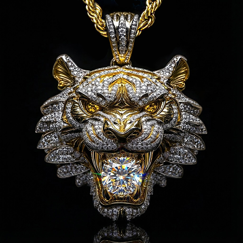 Micro Pave Tiger Bites Round Cut Diamond Pendant