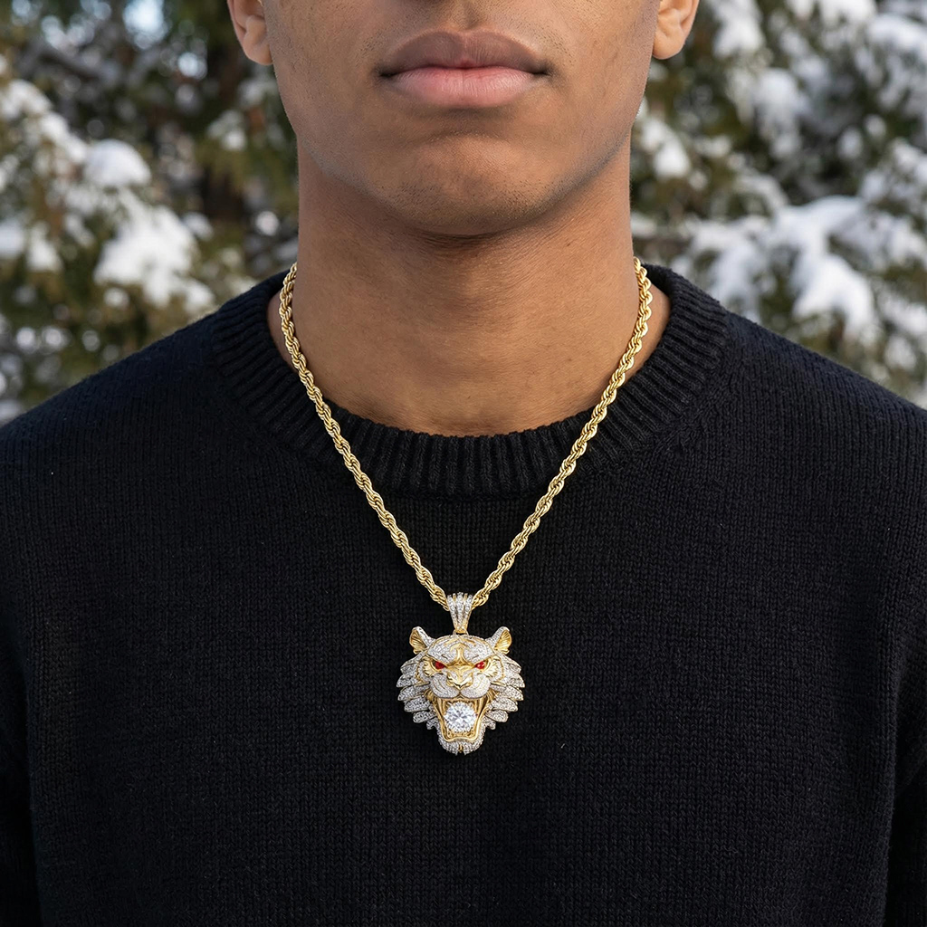 Micro Pave Tiger Bites Round Cut Diamond Pendant