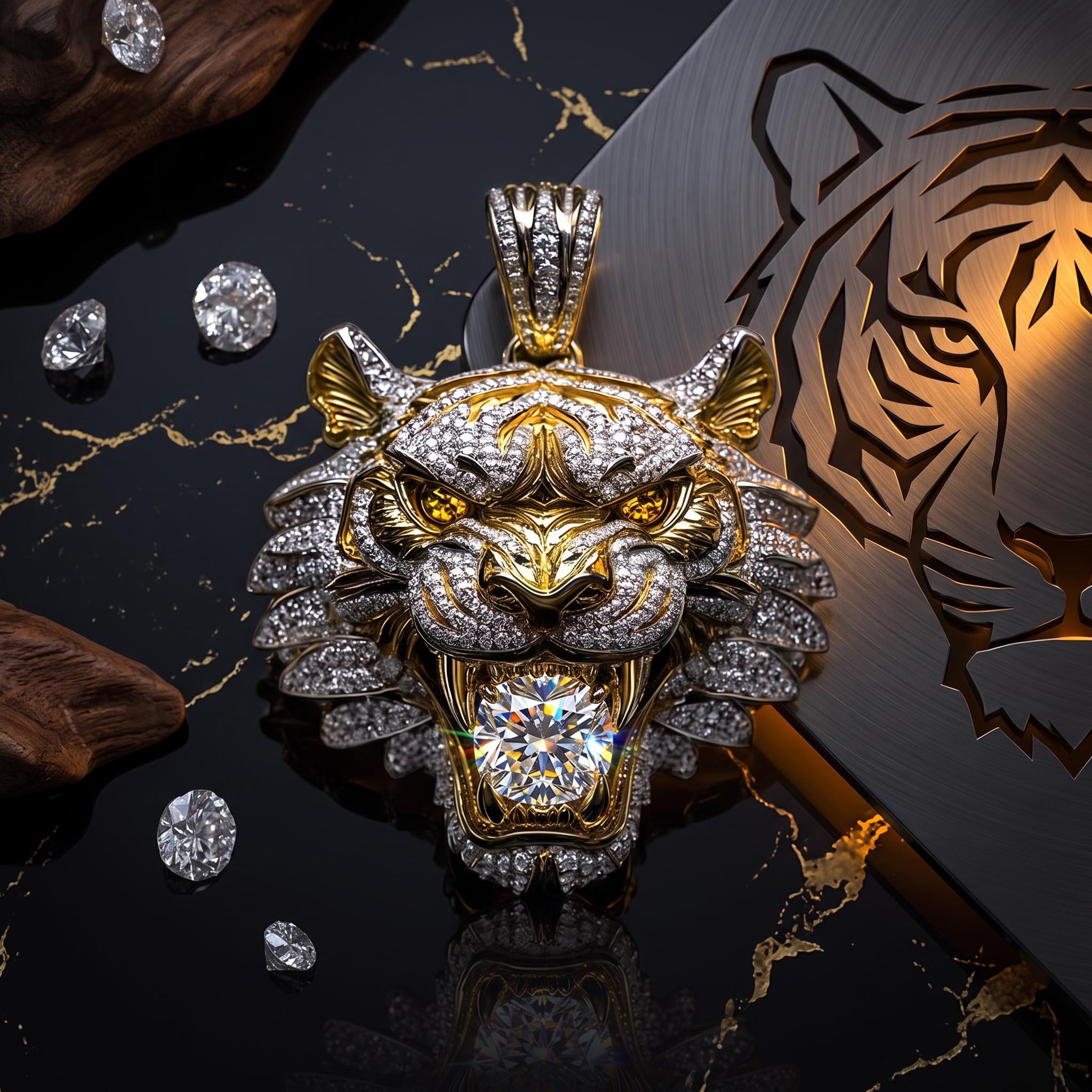 Micro Pave Tiger Bites Round Cut Diamond Pendant Micro Pave Tiger Bites Round Cut Diamond Pendant