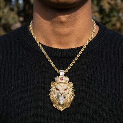 Red Stone Eye Lion Bites Round Cut Diamond Pendant