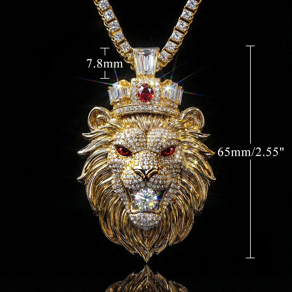 Red Stone Eye Lion Bites Round Cut Diamond Pendant