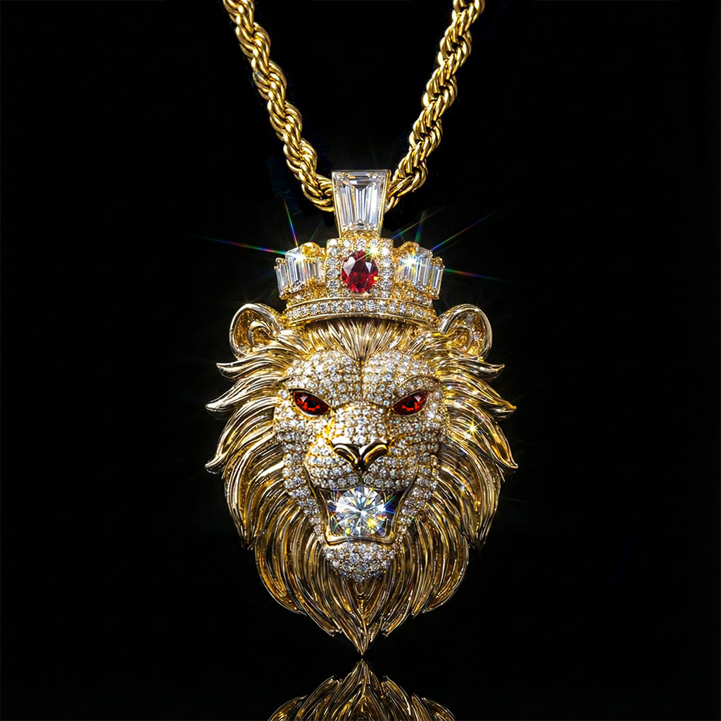 Red Stone Eye Lion Bites Round Cut Diamond Pendant