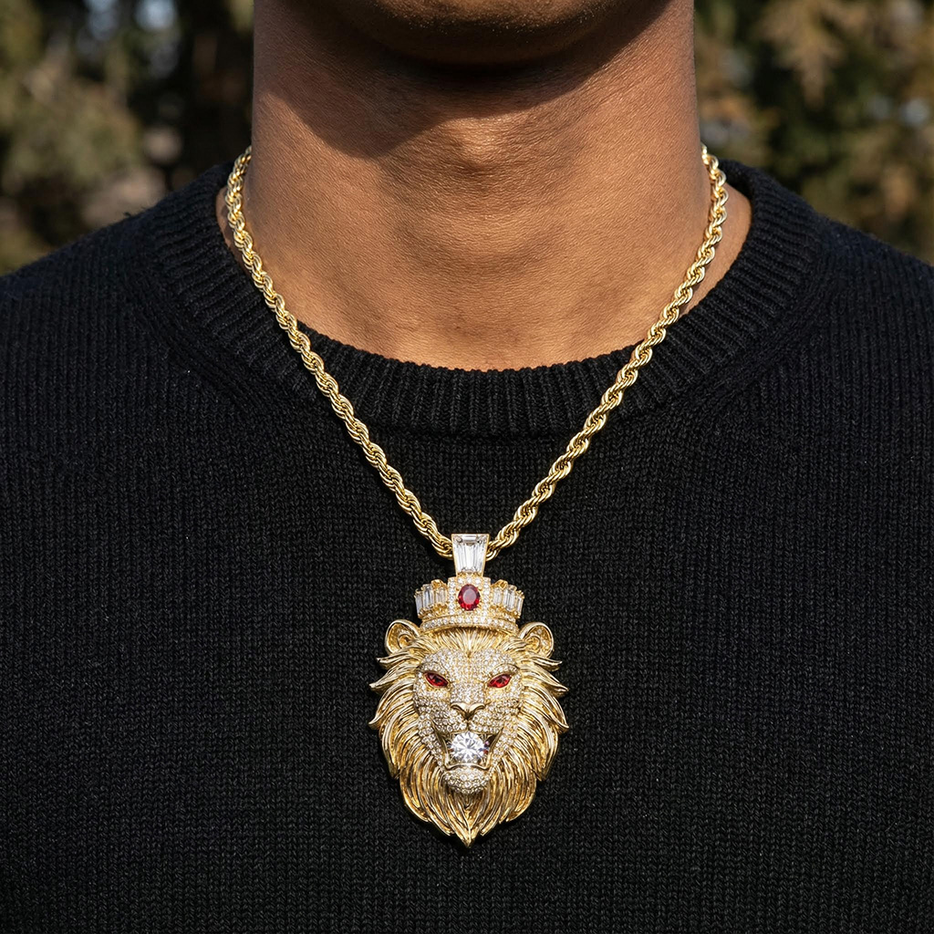 Red Stone Eye Lion Bites Round Cut Diamond Pendant