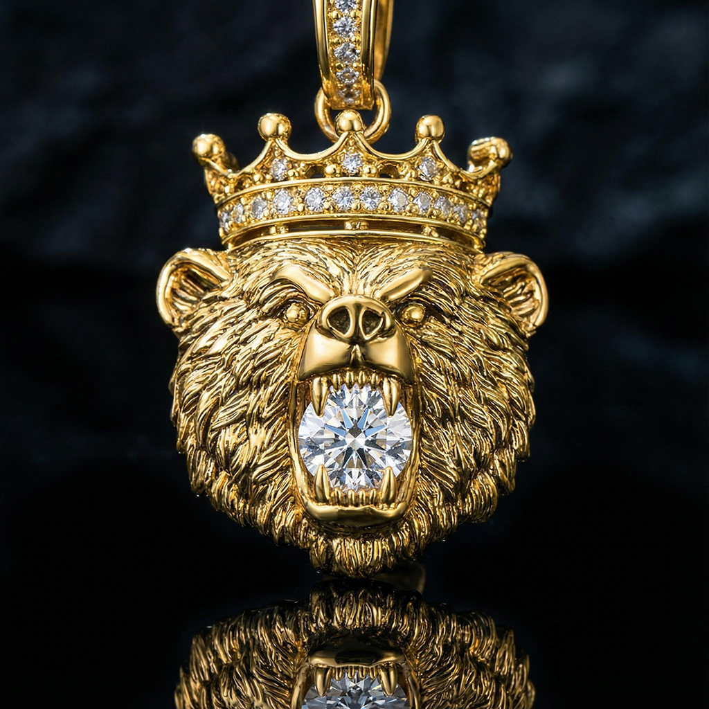 Iced Bear Bites Round Cut Diamond Crown Pendant