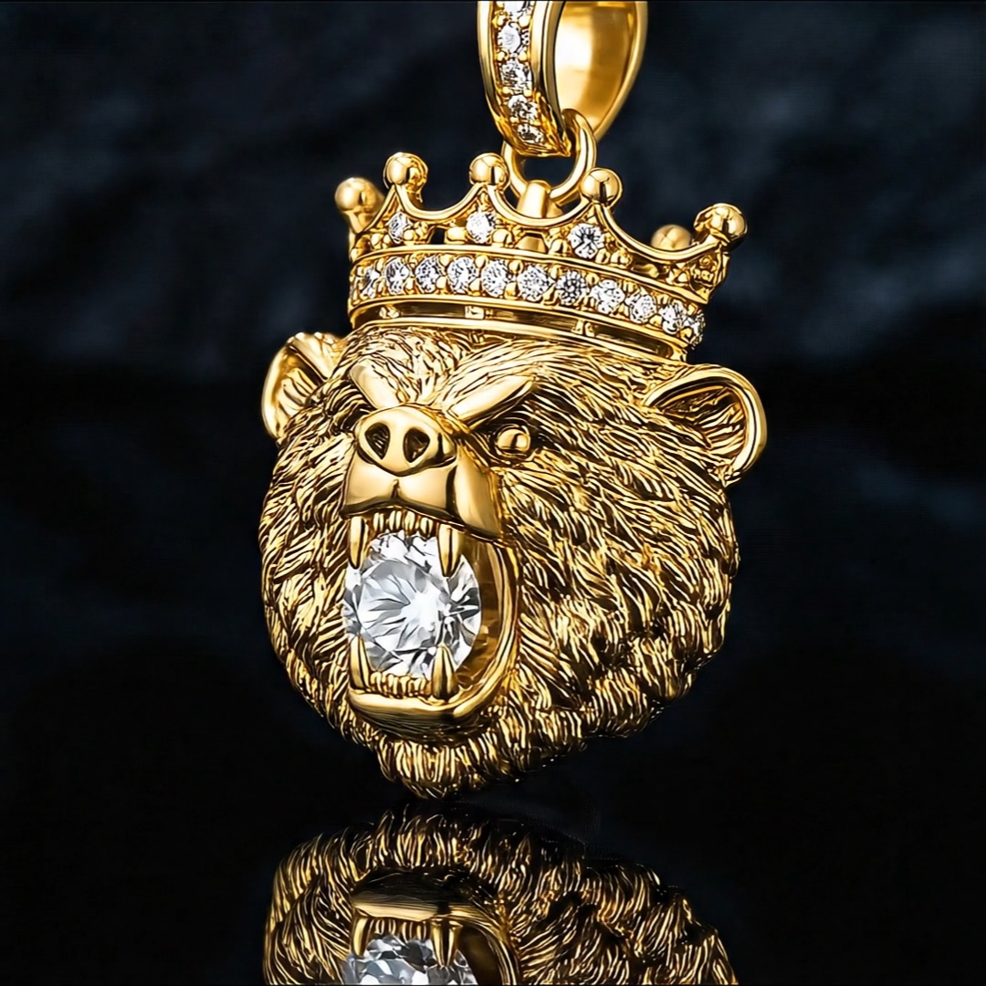 Iced Bear Bites Round Cut Diamond Crown Pendant