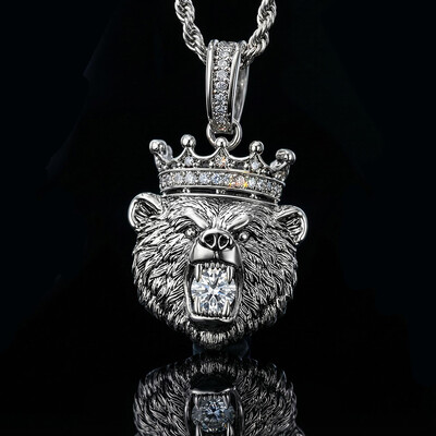 Iced Bear Bites Round Cut Diamond Crown Pendant