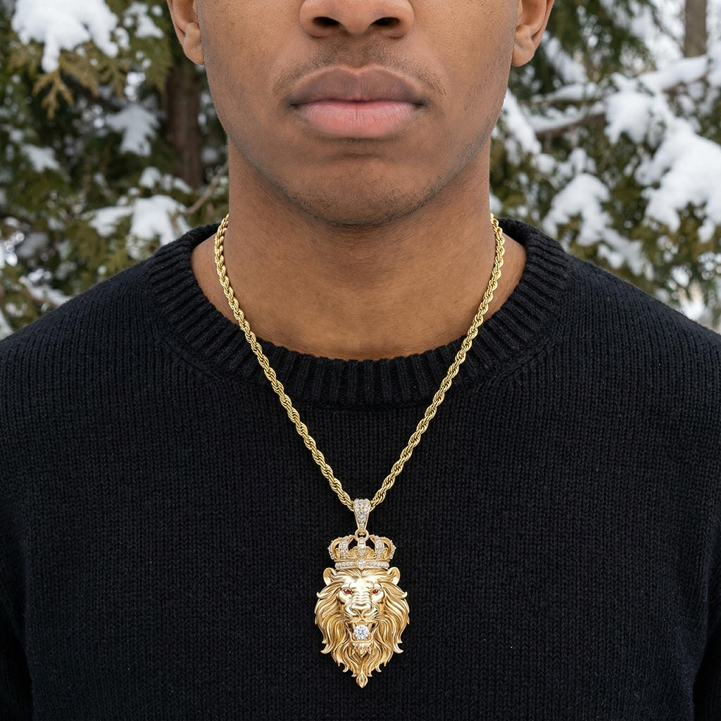 Lion Bites Round Cut Diamond with Crown Pendant in Gold Lion Bites Round Cut Diamond with Crown Pendant in Gold