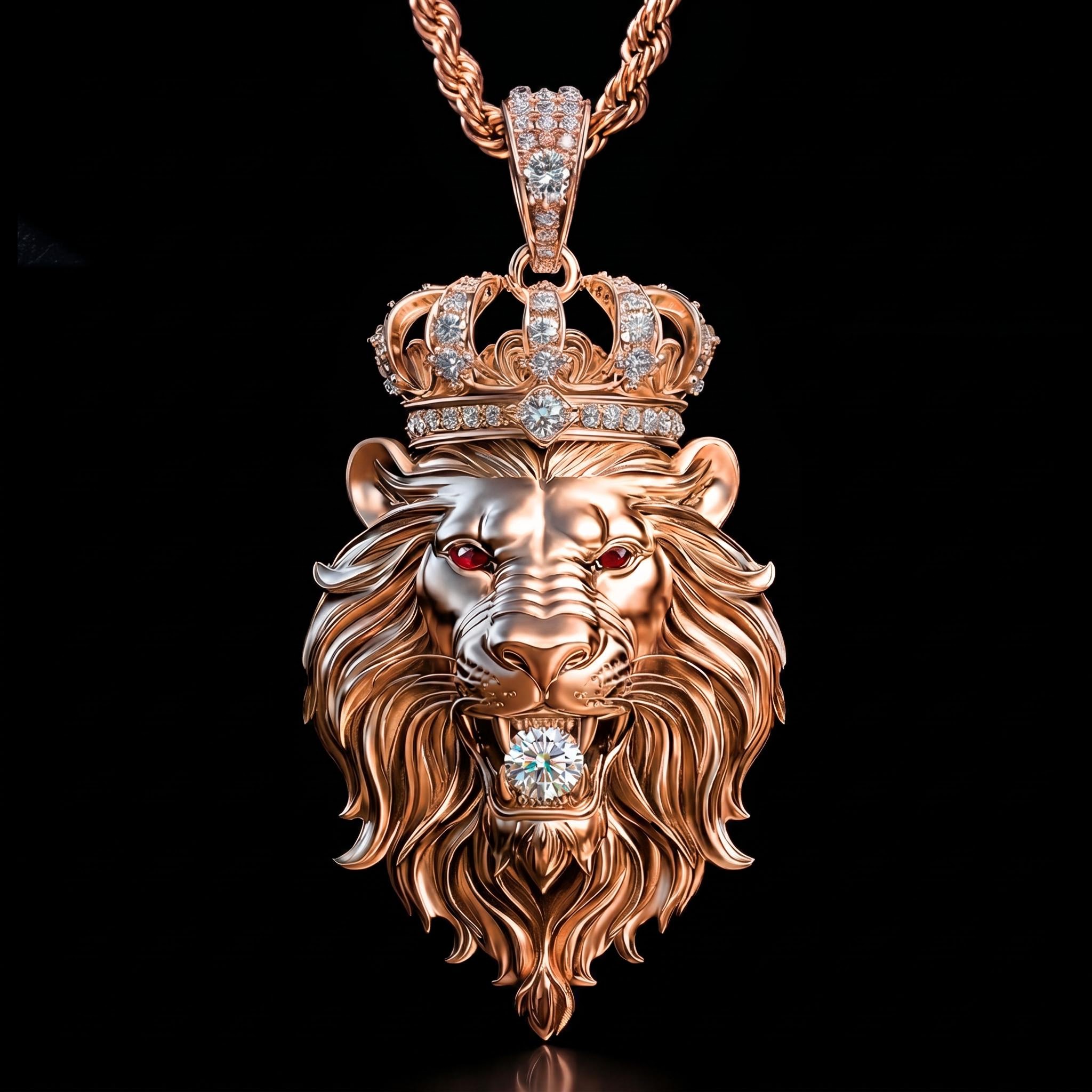 Lion Bites Round Cut Diamond with Crown Pendant in Gold