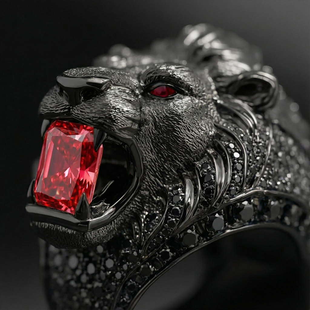 Iced Out Roaring Lion Head Ring in Black Gold