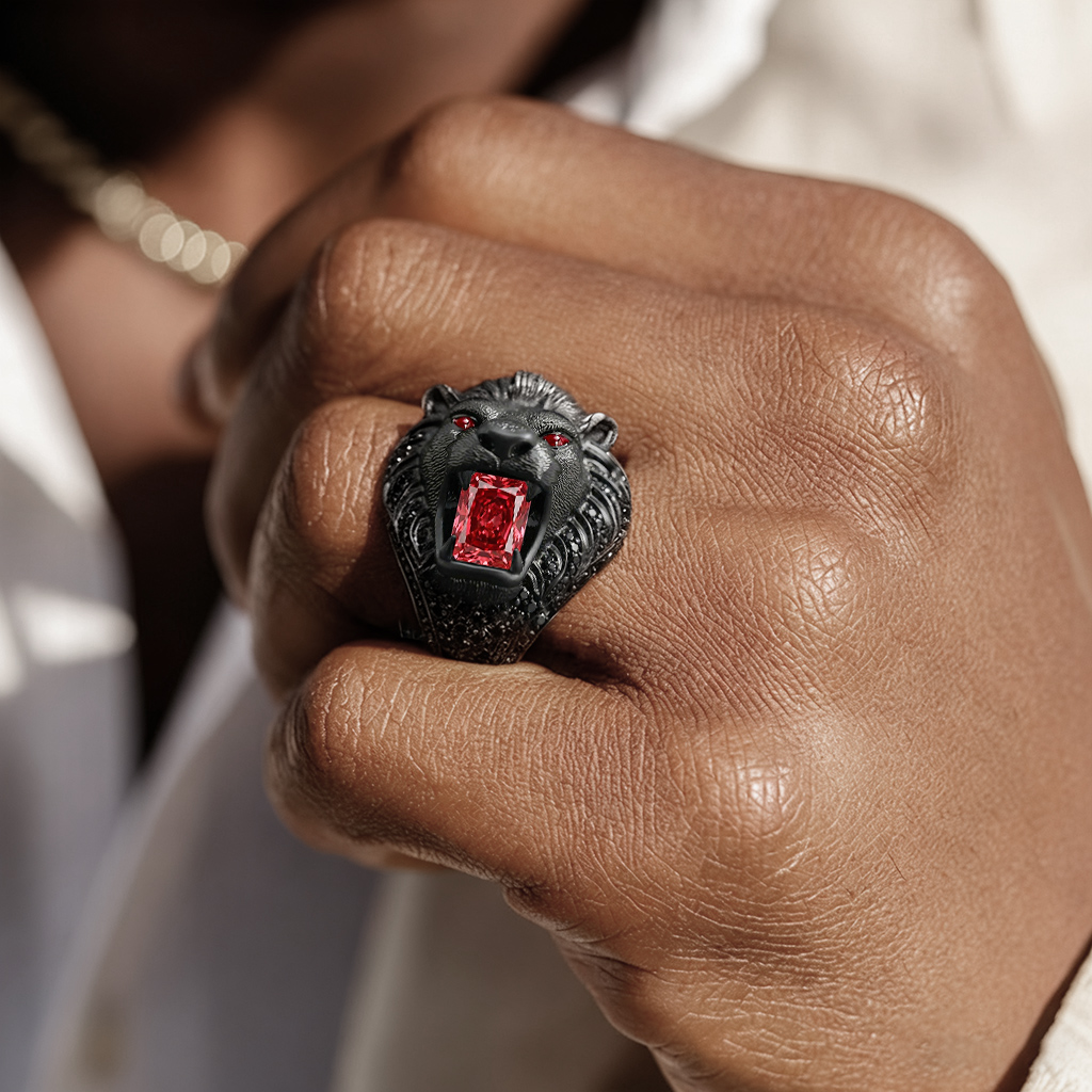 Iced Out Roaring Lion Head Ring in Black Gold