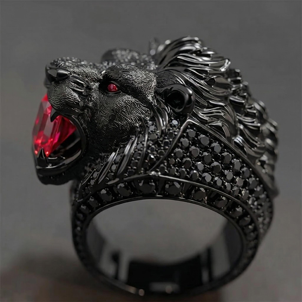 Iced Out Roaring Lion Head Ring in Black Gold