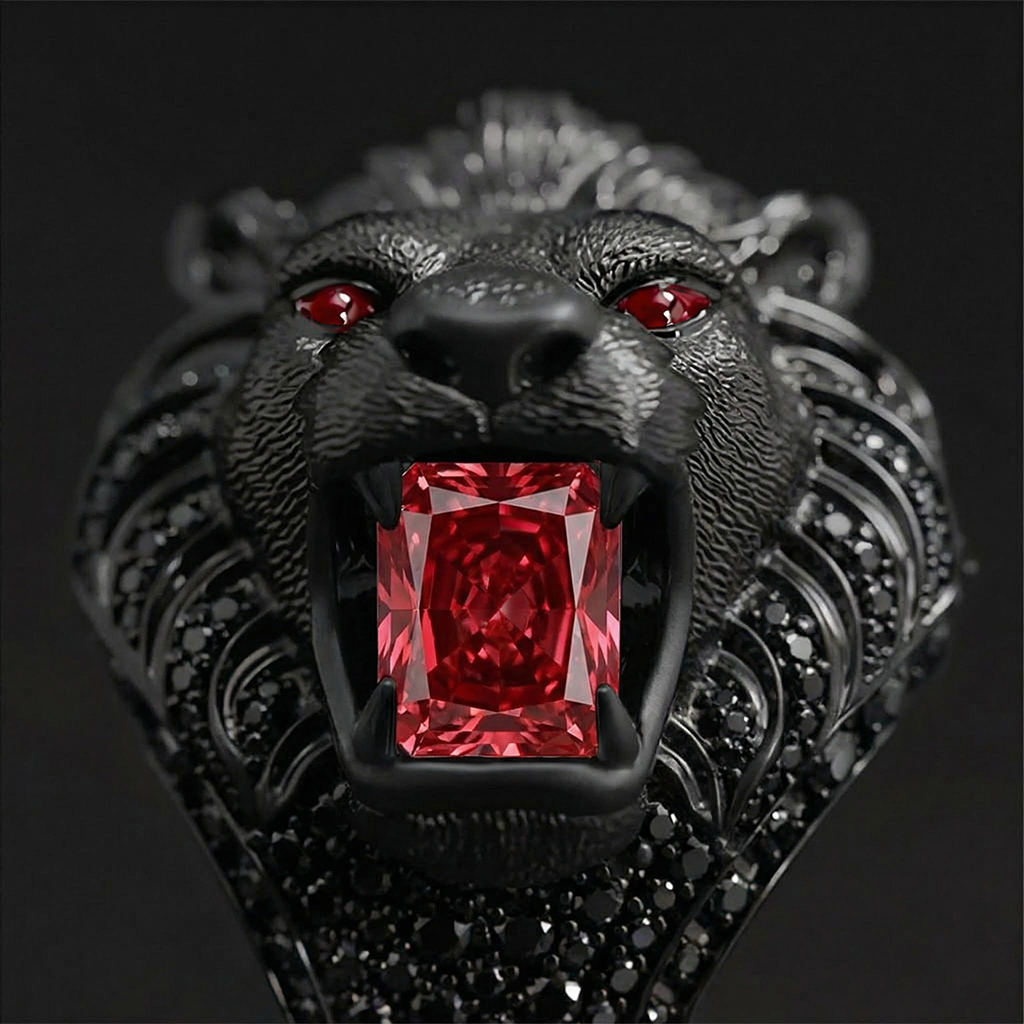 Iced Out Roaring Lion Head Ring in Black Gold