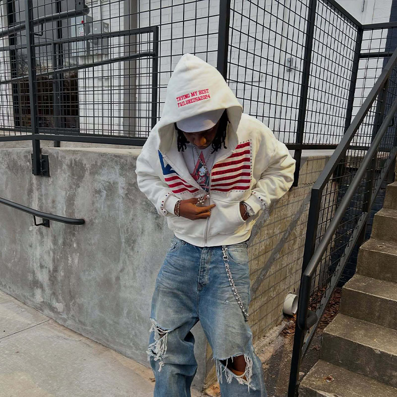 Y2K Flag Print Zip Hoodie Y2K Flag Print Zip Hoodie