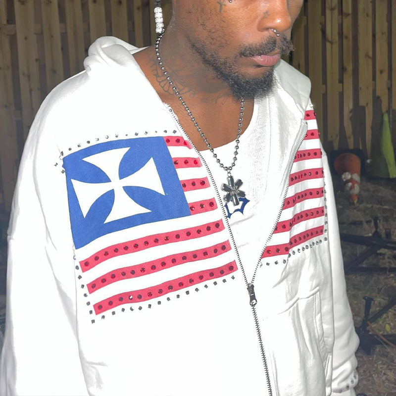 Y2K Flag Print Zip Hoodie Y2K Flag Print Zip Hoodie