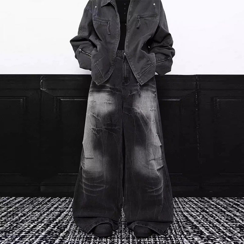 Vintage Aged Frayed Lightning Print Jeans