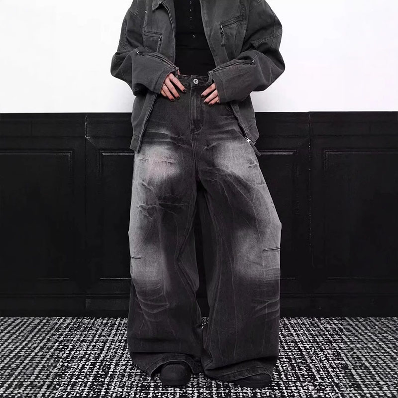 Vintage Aged Frayed Lightning Print Jeans