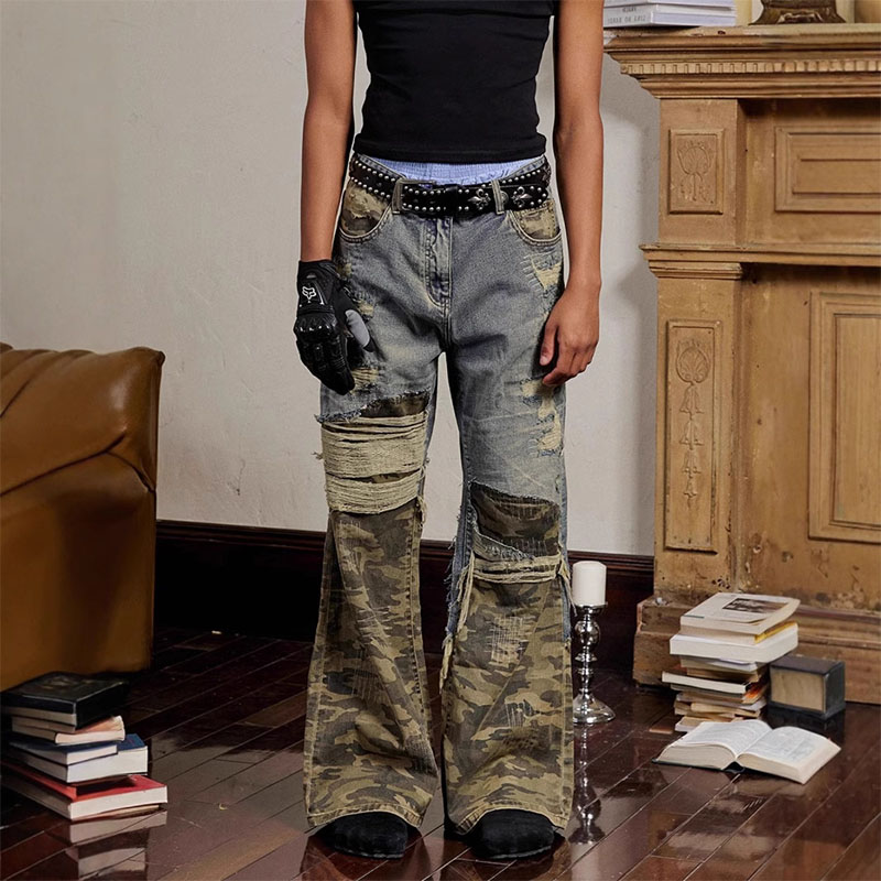 Y2K Patchwork Embroidered Camouflage Trousers