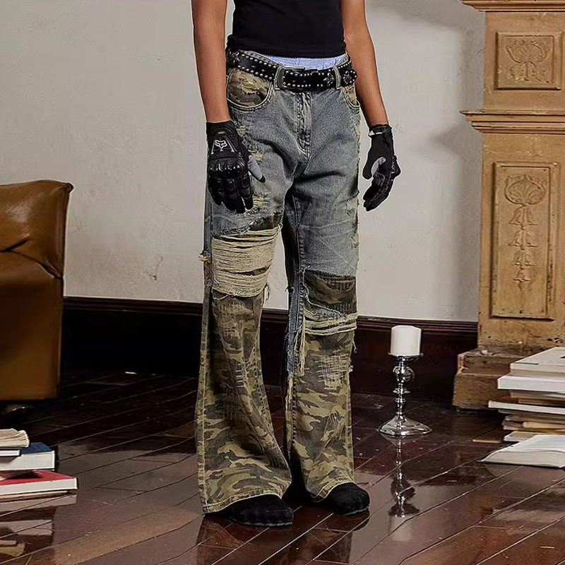 Y2K Patchwork Embroidered Camouflage Trousers
