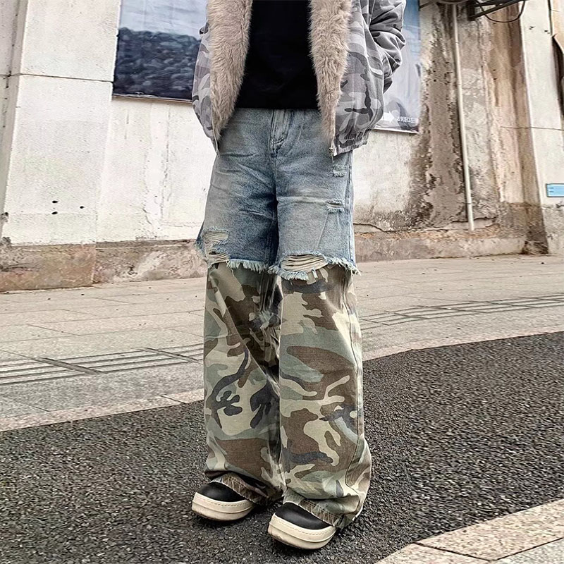 Vintage Spliced Camouflage Jeans