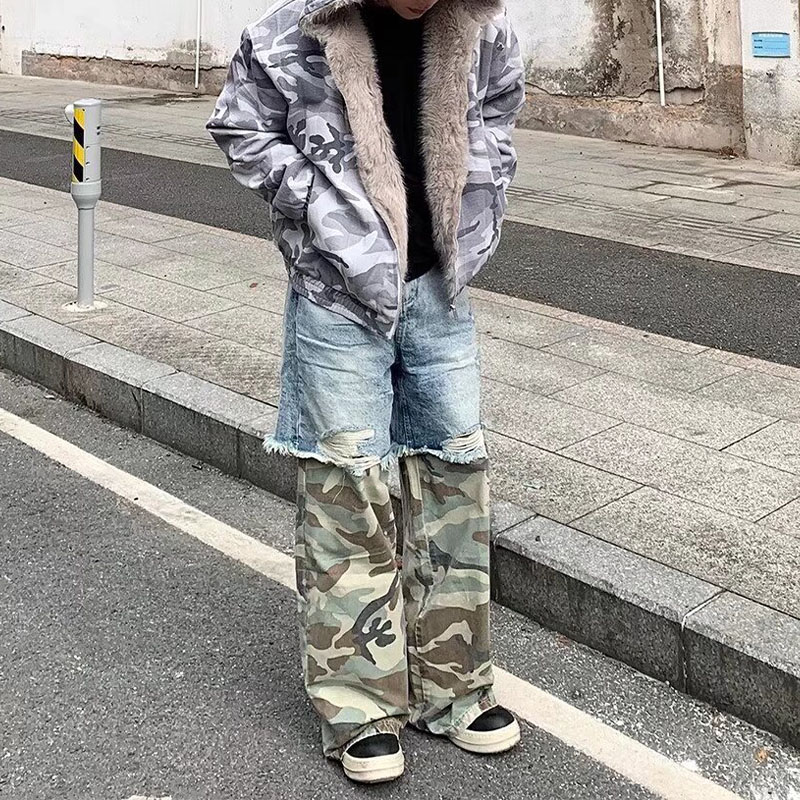 Vintage Spliced Camouflage Jeans