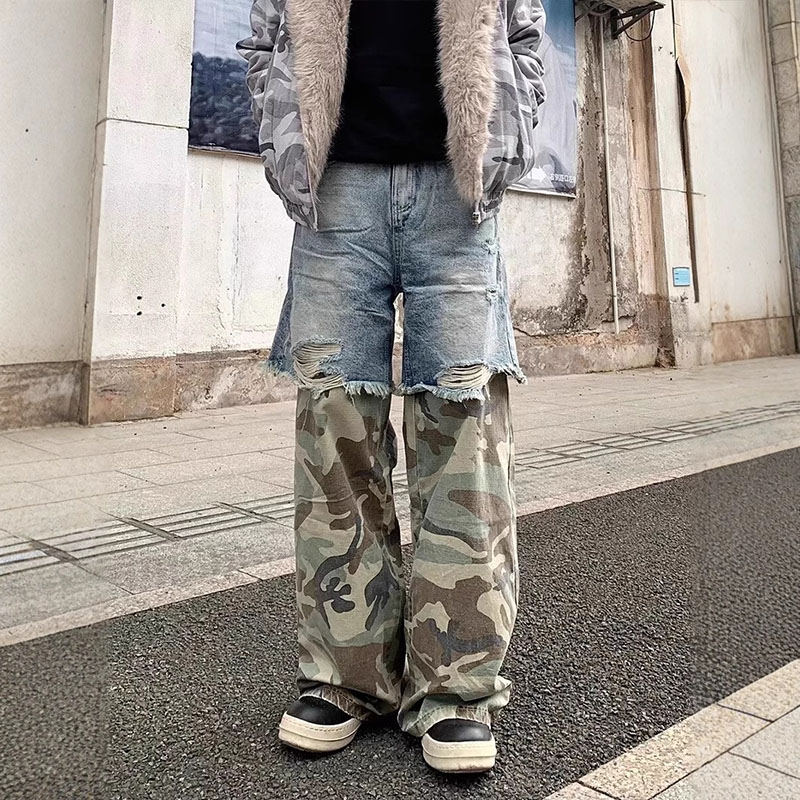 Vintage Spliced Camouflage Jeans