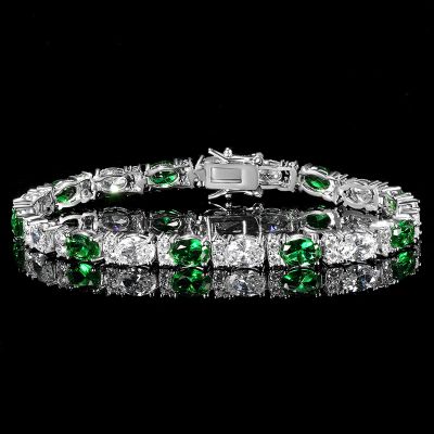 Iced Out White&Emerald Oval Stone Bracelet in White Gold