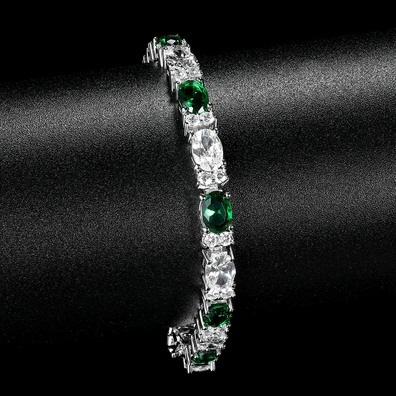 Iced Out White&Emerald Oval Stone Bracelet in White Gold