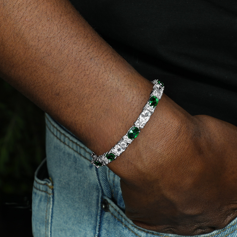 Iced Out White&Emerald Oval Stone Bracelet in White Gold