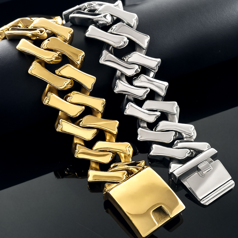 32mm 316L Stainless Steel Bone Cuban Bracelet in Gold Plating