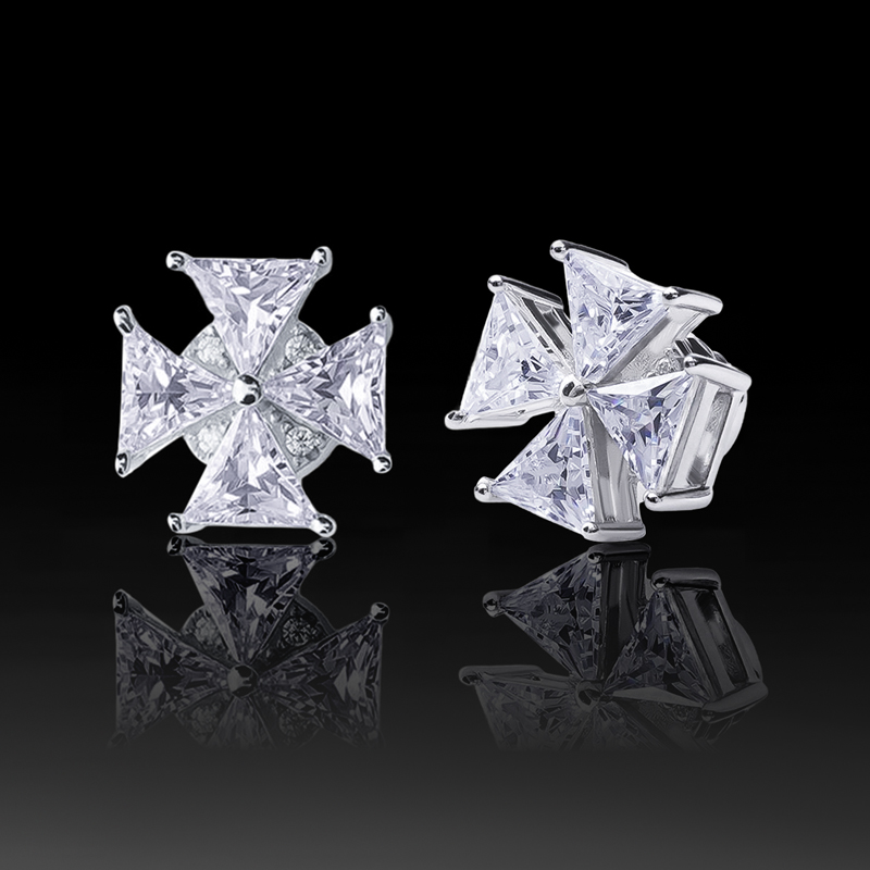 Iced Out Cross Flower Magnetic Stud Earrings in White Gold