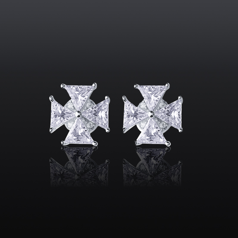 Iced Out Cross Flower Magnetic Stud Earrings in White Gold