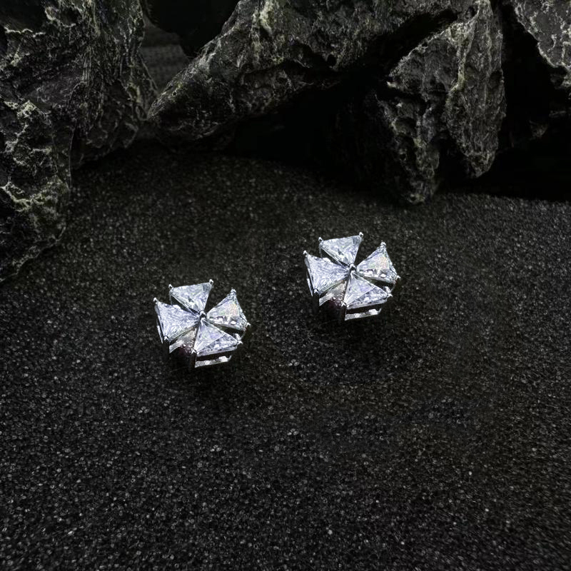 Iced Out Cross Flower Magnetic Stud Earrings in White Gold