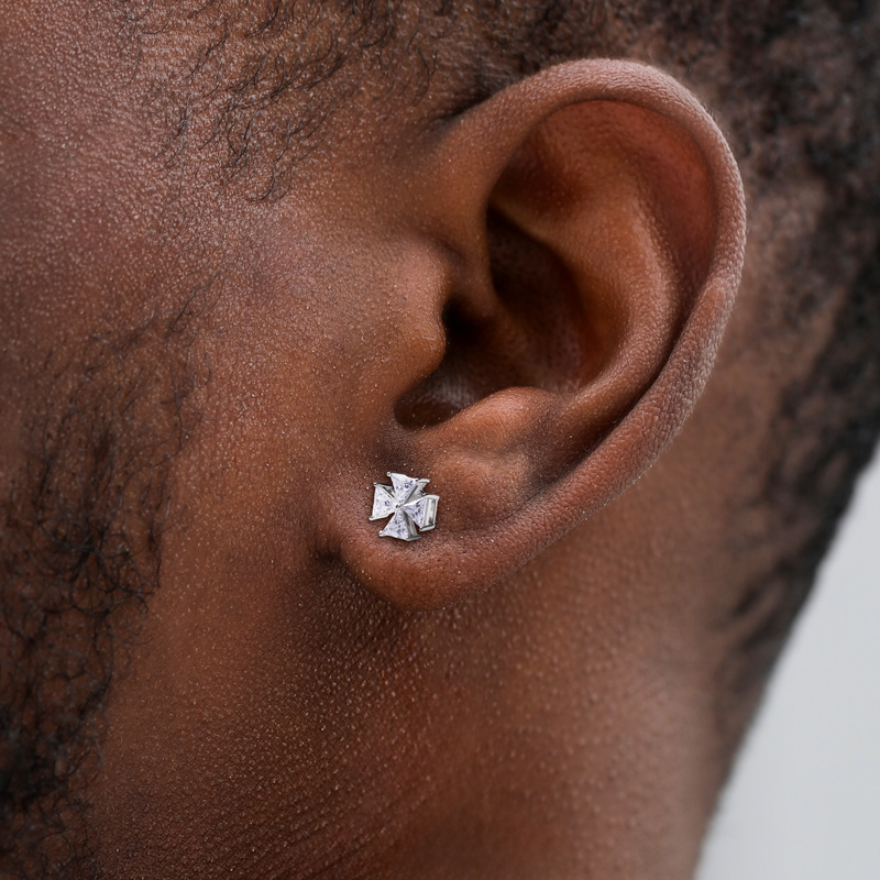 Iced Out Cross Flower Magnetic Stud Earrings in White Gold