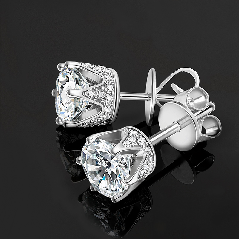 925S & VVS Moissanite 6-prong Stud Earrings with Crown Basket
