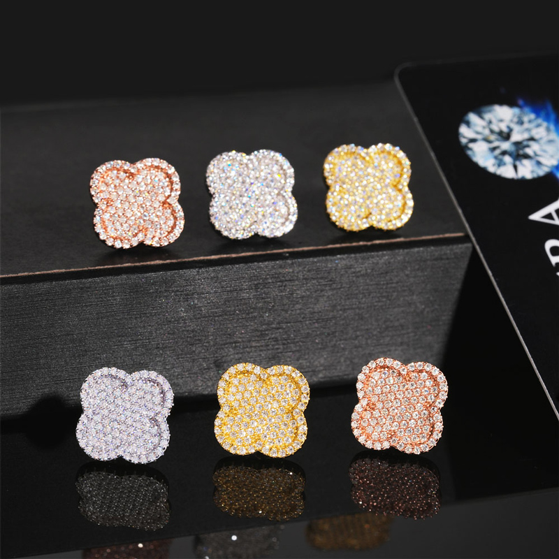 925S & VVS Moissanite Micro Paved Four Leaf Clover Stud Earrings