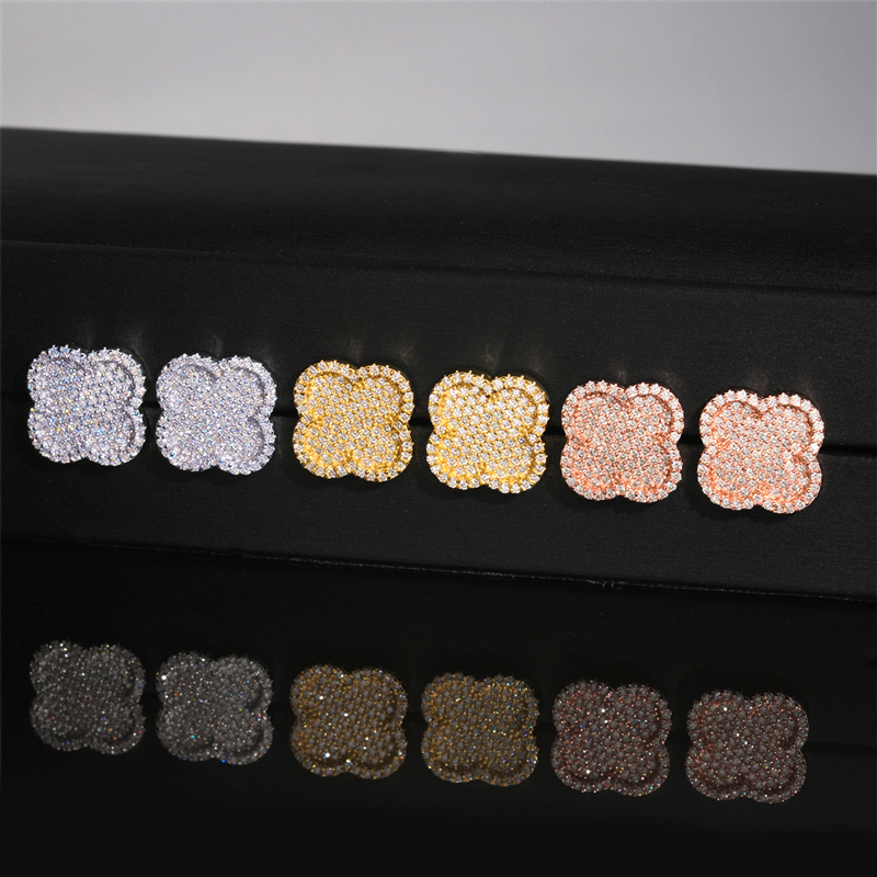 925S & VVS Moissanite Micro Paved Four Leaf Clover Stud Earrings