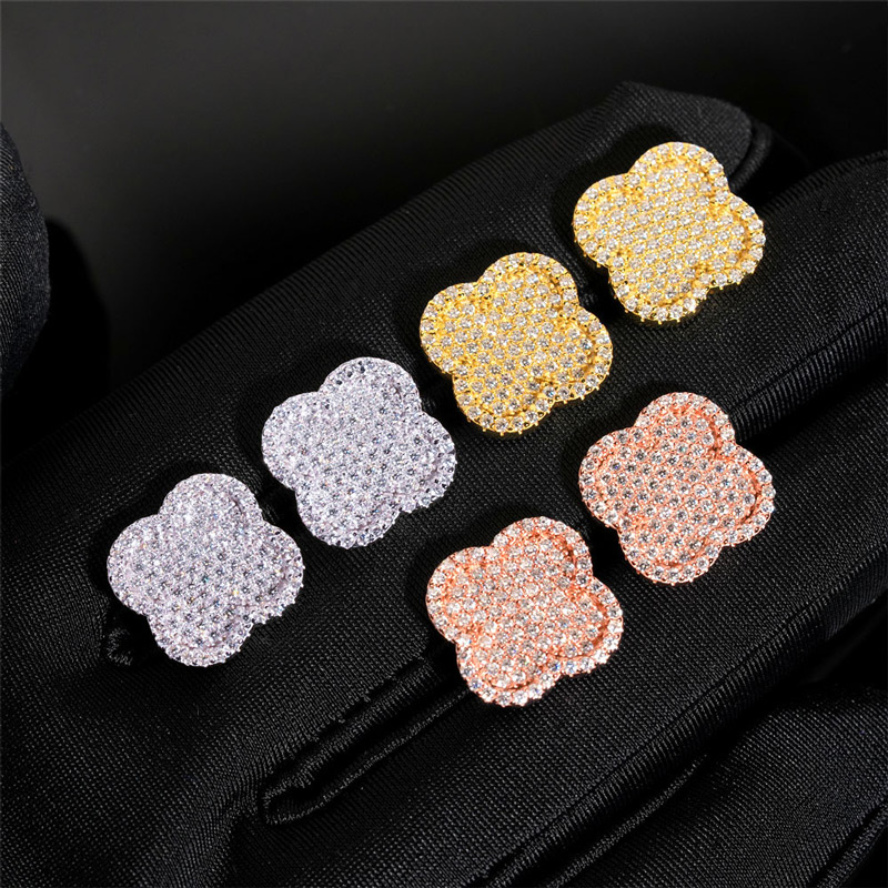925S & VVS Moissanite Micro Paved Four Leaf Clover Stud Earrings