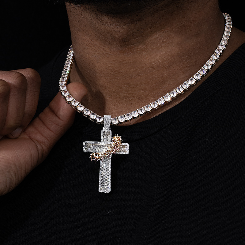 Iced Baguette Cut Thorn Cross Pendant