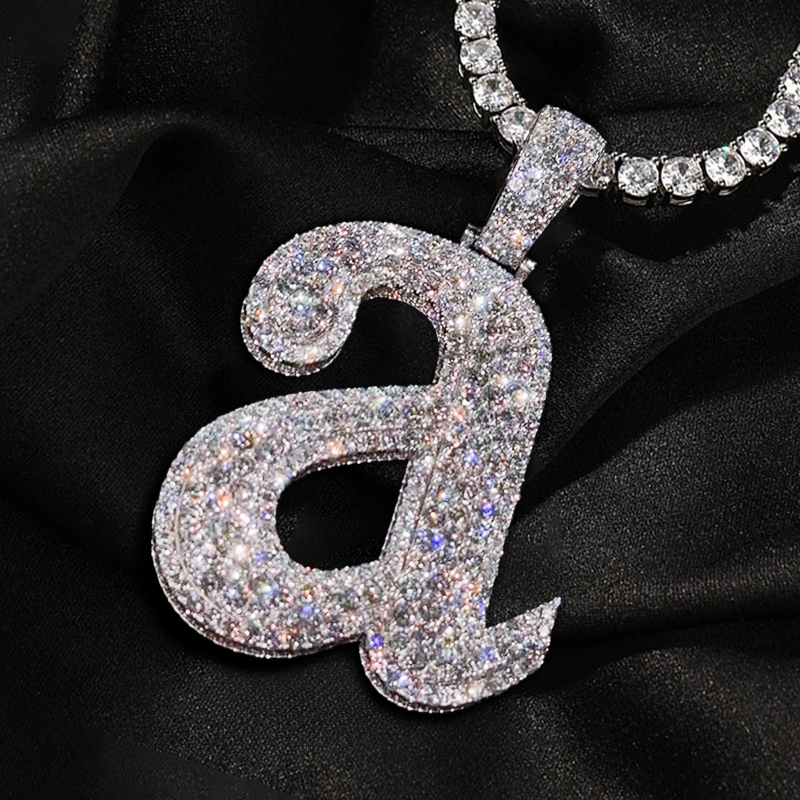 Iced Out a to z Lowercase Letters Pendants in White Gold