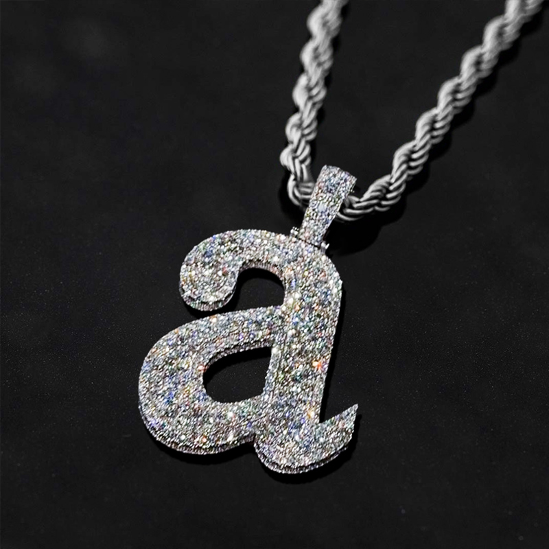 Iced Out a to z Lowercase Letters Pendants in White Gold