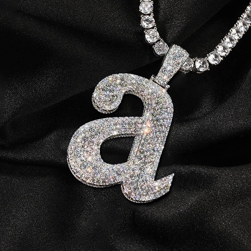 Iced Out a to z Lowercase Letters Pendants in White Gold